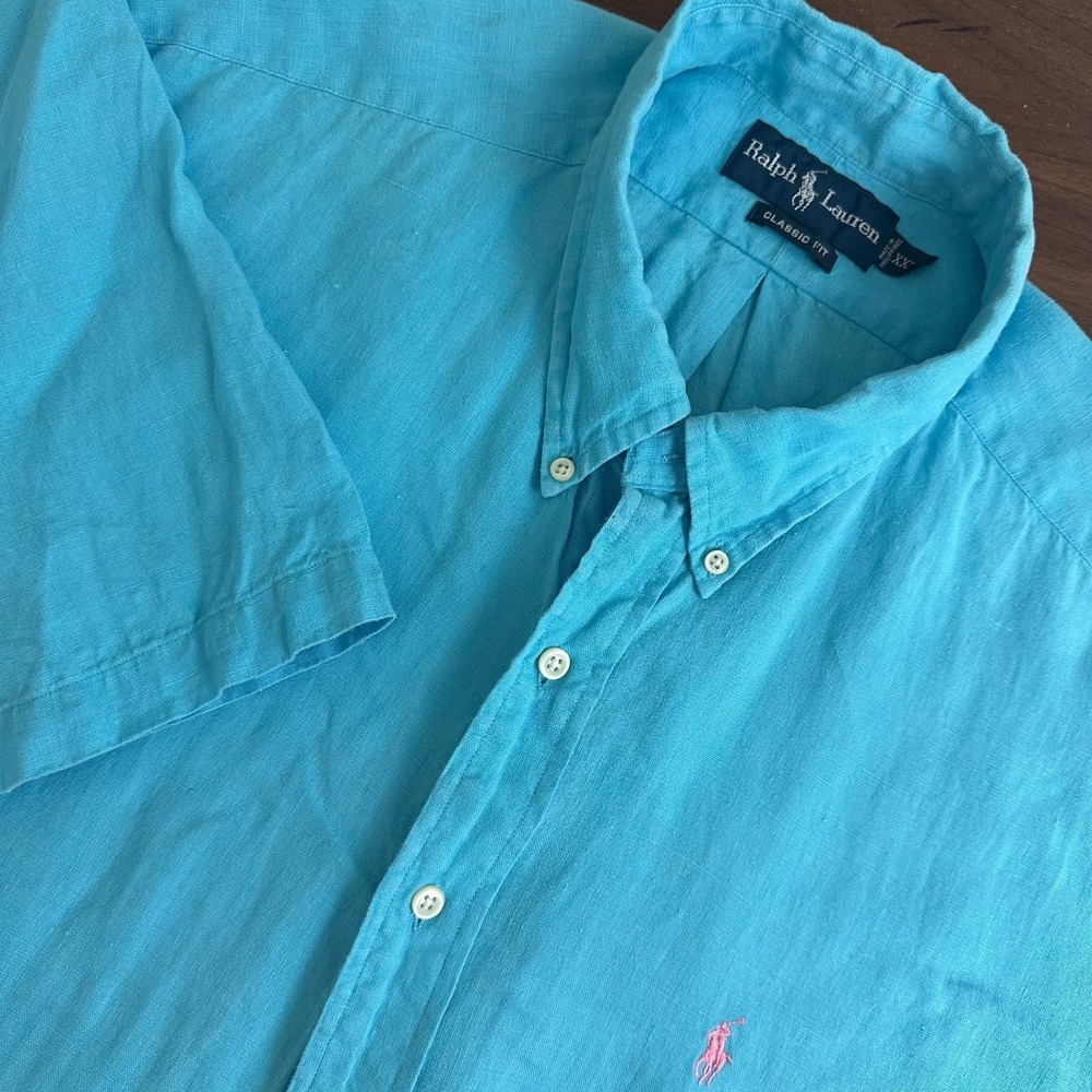 Polo Ralph Lauren Linen Shirt Blue Classic Fit Short Sleeve Button Down Mens 2XL